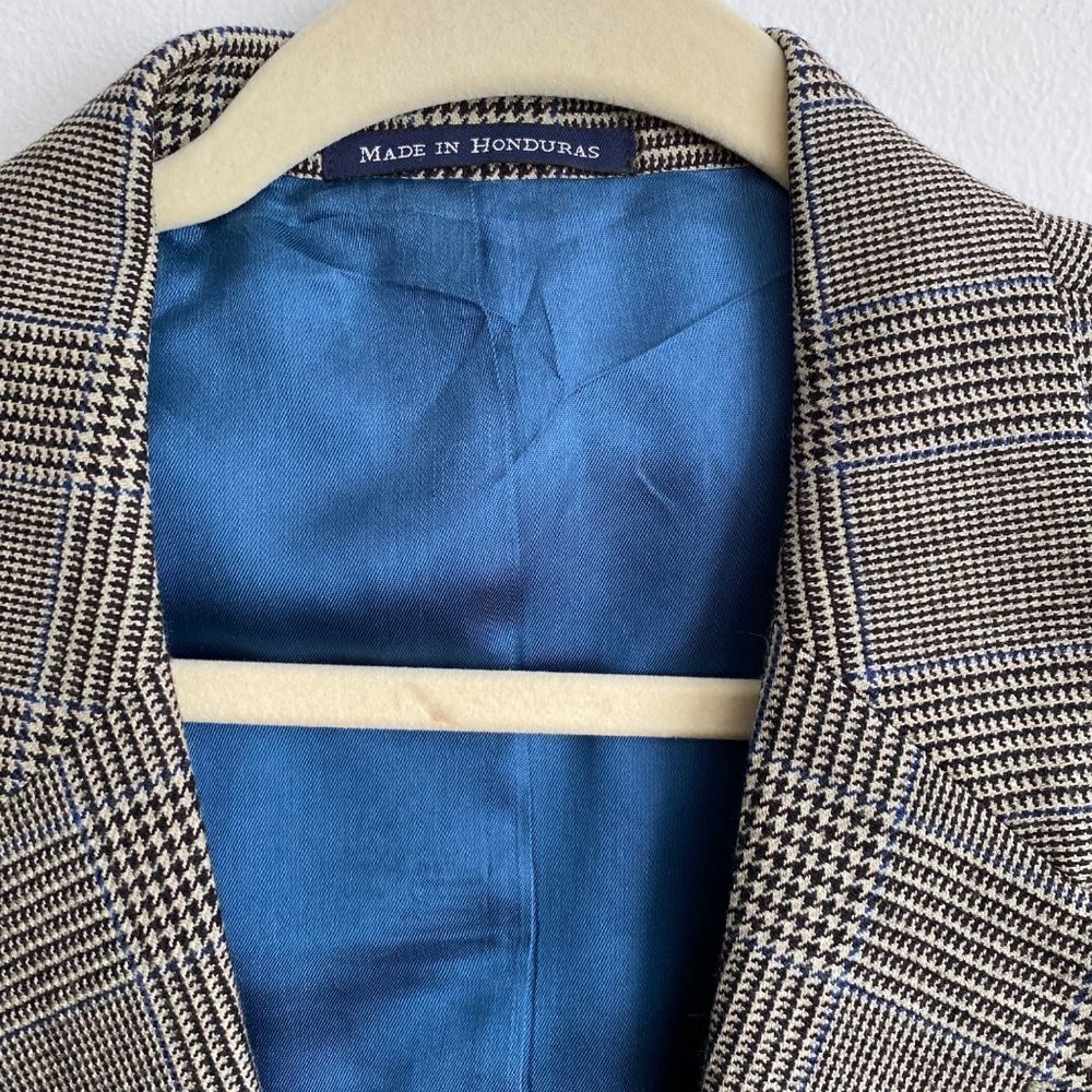 Lands' End Mens Plaid Blazer Houndstooth Wool Size 42R Black Blue Multi Classic